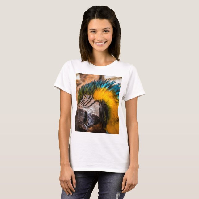 Blå och gult macaw porträtt t shirt (Hel framsida)