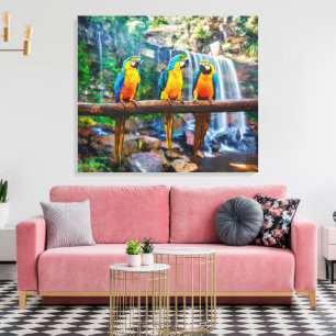 Blå och Gult Macaw vid Tropical Waterfall Canvastryck