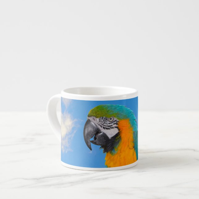Blå och gult makaw espressomugg (Framsida vänster)