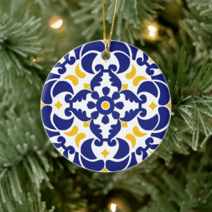 Blå och Gult Mönster Julgransprydnad Keramik