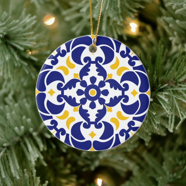 Blå och Gult Mönster Julgransprydnad Keramik (Träd)