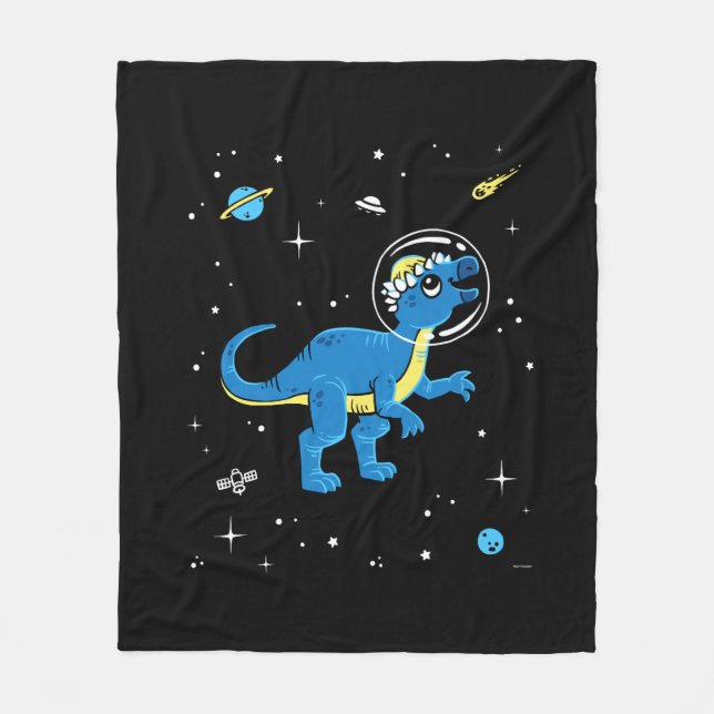 Blå och Gult Pachycephalosaurus Dinos in Space Fleecefilt (Framsidan)