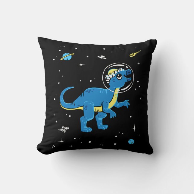 Blå och Gult Pachycephalosaurus Dinos in Space Kudde (Framsida)