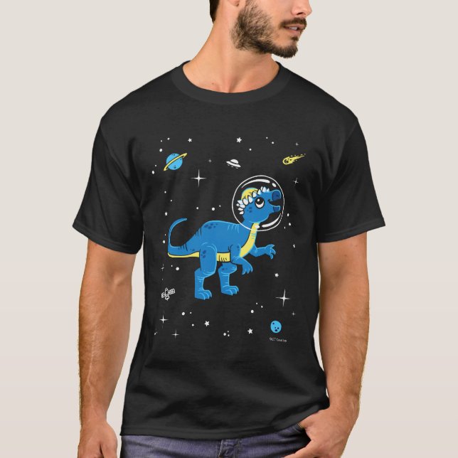 Blå och Gult Pachycephalosaurus Dinos in Space T Shirt (Framsida)