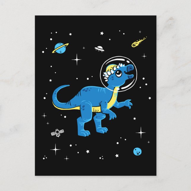 Blå och Gult Pachycephalosaurus Dinos in Space Vykort (Framsida)
