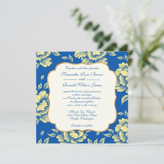 Blå och Gult Peony Toile - Fransk Land Decor Inbjudningar (Stående Fram)
