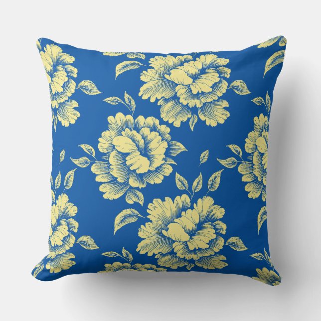 Blå och Gult Peony Toile - Fransk Land Decor Kudde (Framsida)