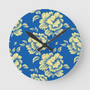 Blå och Gult Peony Toile - Fransk Land Decor Rund Klocka