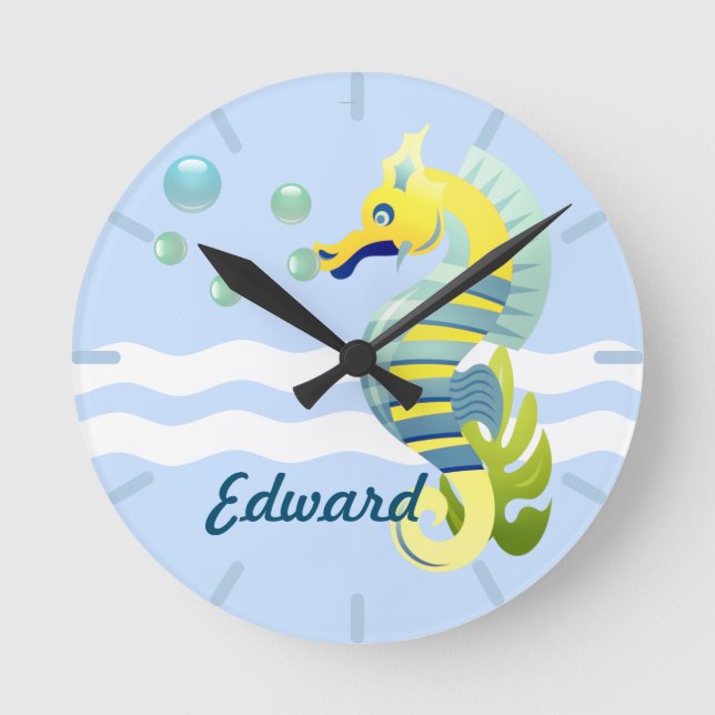 Blå och Gult Seahorse Rund Klocka (Framsida)