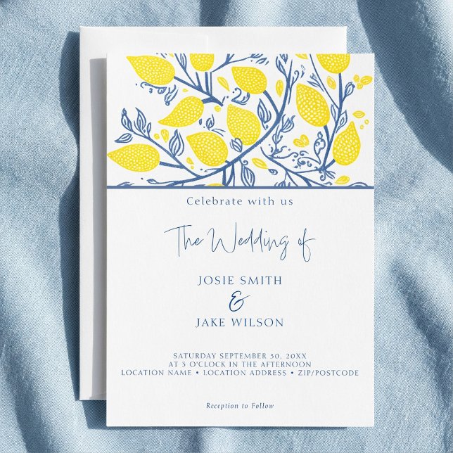 Blå och gult söt citroner inbjudningar (Blue and yellow pretty lemon vines invitation.)