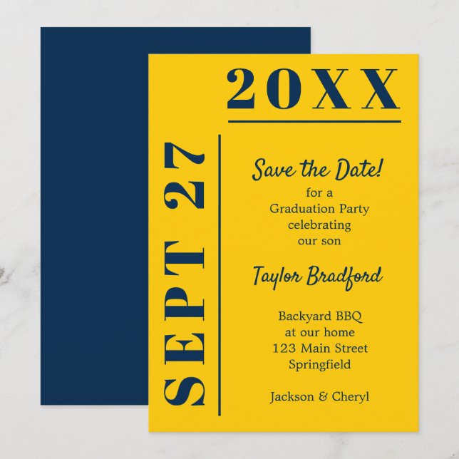 Blå och Gult Studenten Spara Datumet (Fram/baksida)