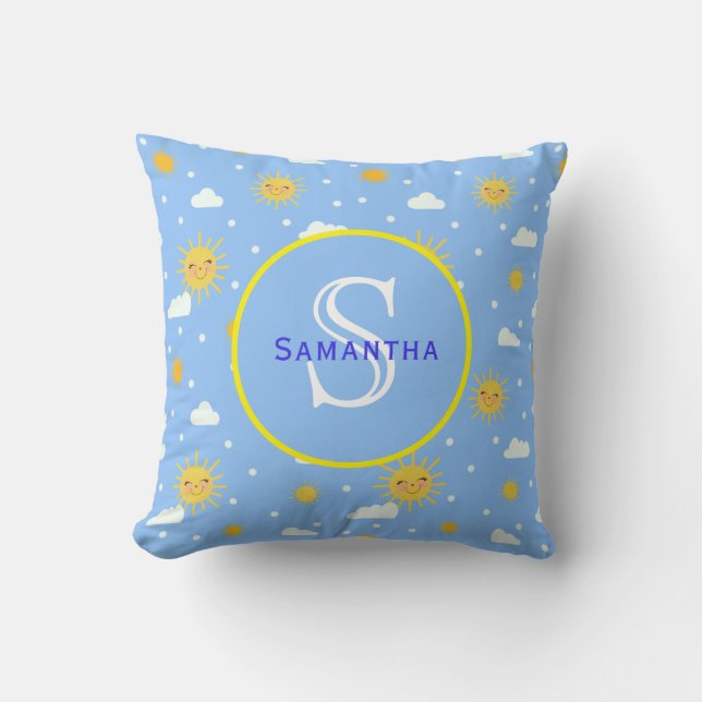 Blå och Gult Sunshine Personlig Monogram Kudde (Framsida)