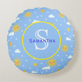 Blå och Gult Sunshine Personlig Monogram Rund Kudde