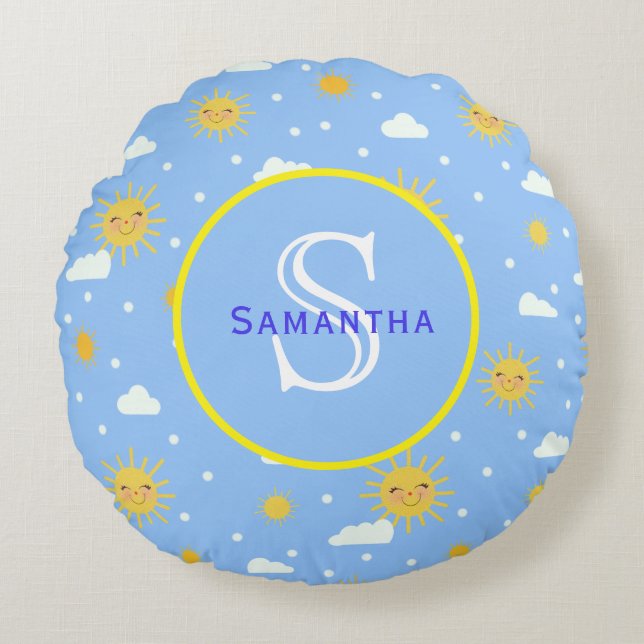 Blå och Gult Sunshine Personlig Monogram Rund Kudde (Framsidan)