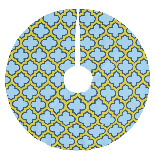 Blå och Gult Trellis, Lattice, Quatrefoil Julgransmatta Borstad Polyester (Framsidan)