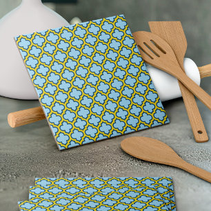 Blå och Gult Trellis, Lattice, Quatrefoil Kakelplatta