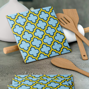 Blå och Gult Trellis, Lattice, Quatrefoil Kakelplatta