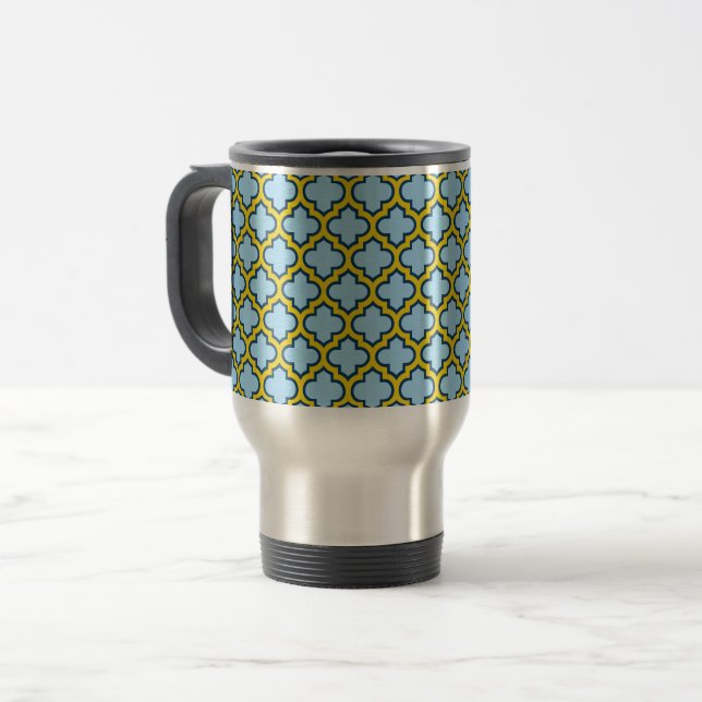 Blå och Gult Trellis, Lattice, Quatrefoil Resemugg (Framsida vänster)