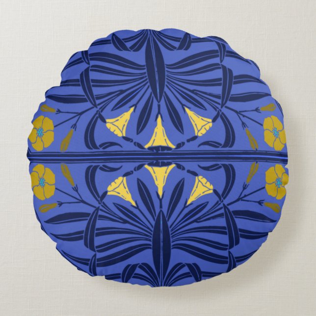 Blå och gyllene Art nouveau-runda Rund Kudde (Framsidan)