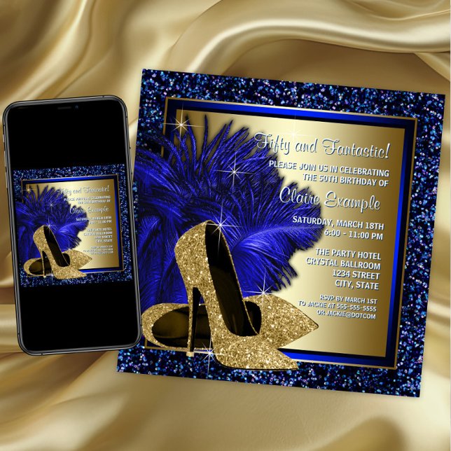 Blå och Gyllene Höga Klackar Damernas Födelsedagsf Inbjudningar (Womans royal blue and gold high heel shoe invitation. Any number or event. Digital and printed.)
