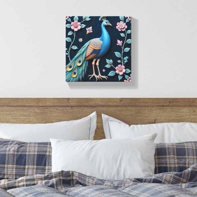 Blå och gyllene påfågel canvastryck (Insitu (sovrum))