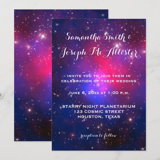 Blå och het rosa galaxhop kosmisk bröllop inbjudningar (Fram/baksida)