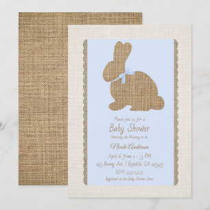 Blå och jute rustika kanin påsk baby shower inbjudningar