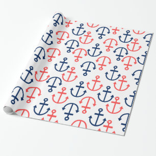 Blå och koral Nautical Anchors på vitt Presentpapper