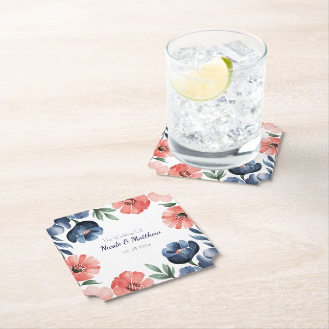 Blå och korall vattenfärg Bouquet Bröllop Underlägg Papper (Insitu)