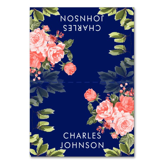 Blå och korallblomma Bröllop | Plattskort Bordsnummer (Framsidan)