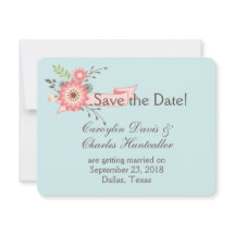 Blå och korallblommig bröllop Bevara datum-kort