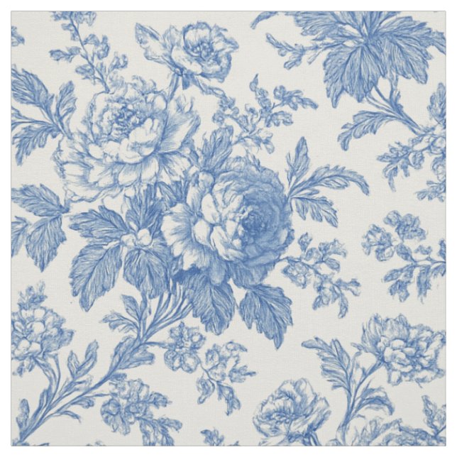 Blå och krämfärgad blommig Toile de Jouy-tyg Tyg (Provkarta)