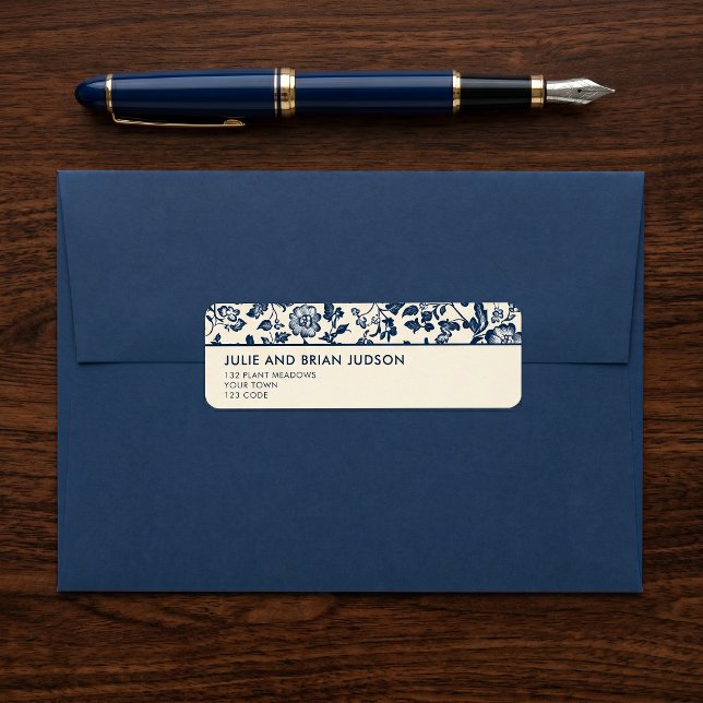 Blå och krämfärgad Delft Blommig kant returadress Etikett (Blue and cream Delft Floral Border return address Label)