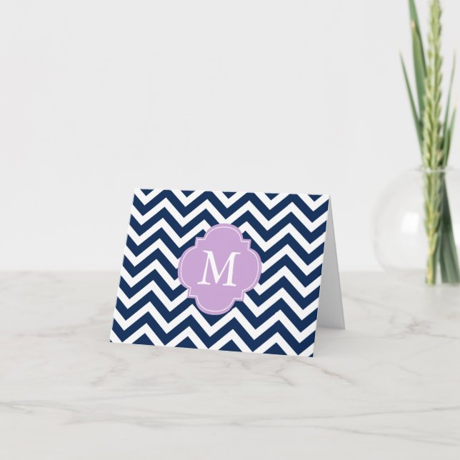 Blå och Lavender Zigzags Mönster Monogram Anteckningskort (Framsida)