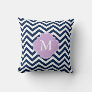 Blå och lavender Zigzags Mönster Monogram Kudde