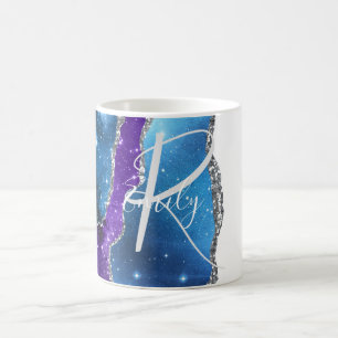 Blå och Lila Agate Marble Abstrakt Namn Monogram Kaffemugg