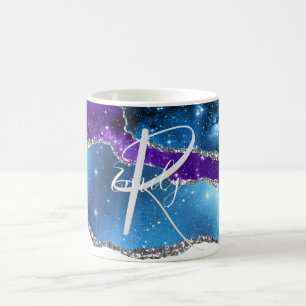 Blå och Lila Agate Marble Abstrakt Namn Monogram Kaffemugg