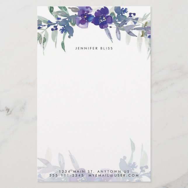 Blå och lila akvarellblommor anpassade brevpapper (Framsida)