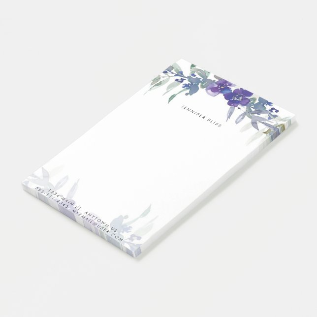 Blå och lila akvarellblommor anpassade post-it block (Vinklad)