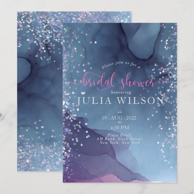 Blå och lila bläck med glitter mystisk inbjudningar (Fram/baksida)