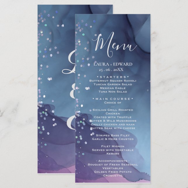 Blå och lila bläck med glitter mystisk meny (Fram/baksida)