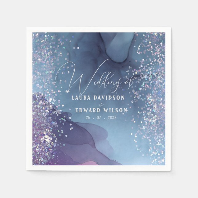 Blå och lila bläck med glitter mystisk pappersservett (Framsidan)