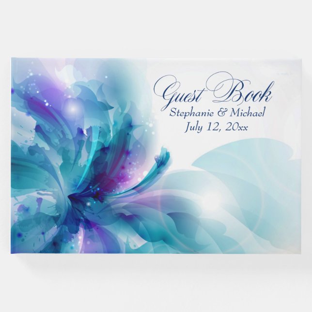 Blå och Lila Blommigt Design Bröllop Gästböcker (Framsida)