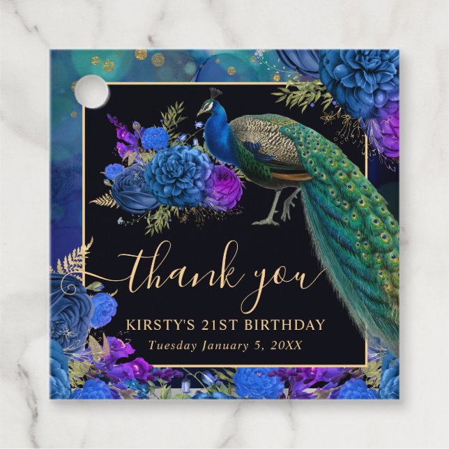 Blå och Lila Blommigt Peacock Birthday Gåvor Etiketter (Framsida)