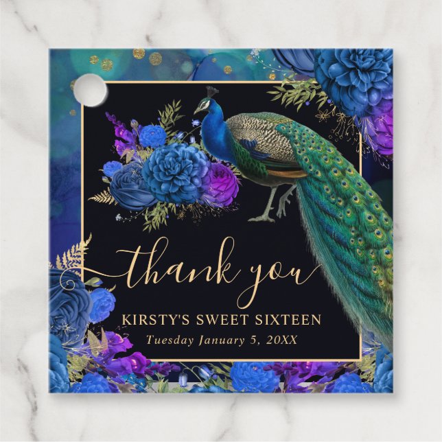 Blå och Lila Blommigt Peacock Sweet sixteen Gåvor Etiketter (Framsida)
