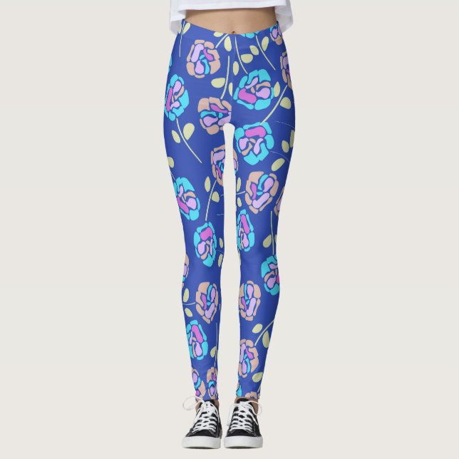 Blå och lila blommönster leggings (Framsida)