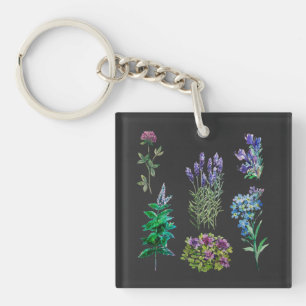 Blå och lila blommor i vattenfärger