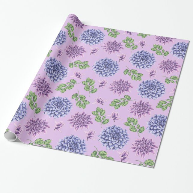 Blå och lila blommor på lavendel presentpapper (Utrullad)