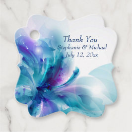 Blå och lila blomsterbröllopsdesign gåvor etiketter