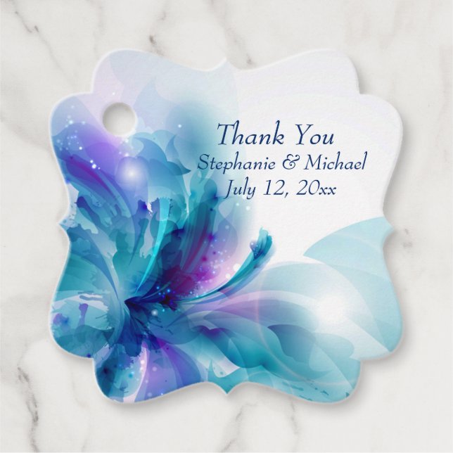 Blå och lila blomsterbröllopsdesign gåvor etiketter (Framsida)